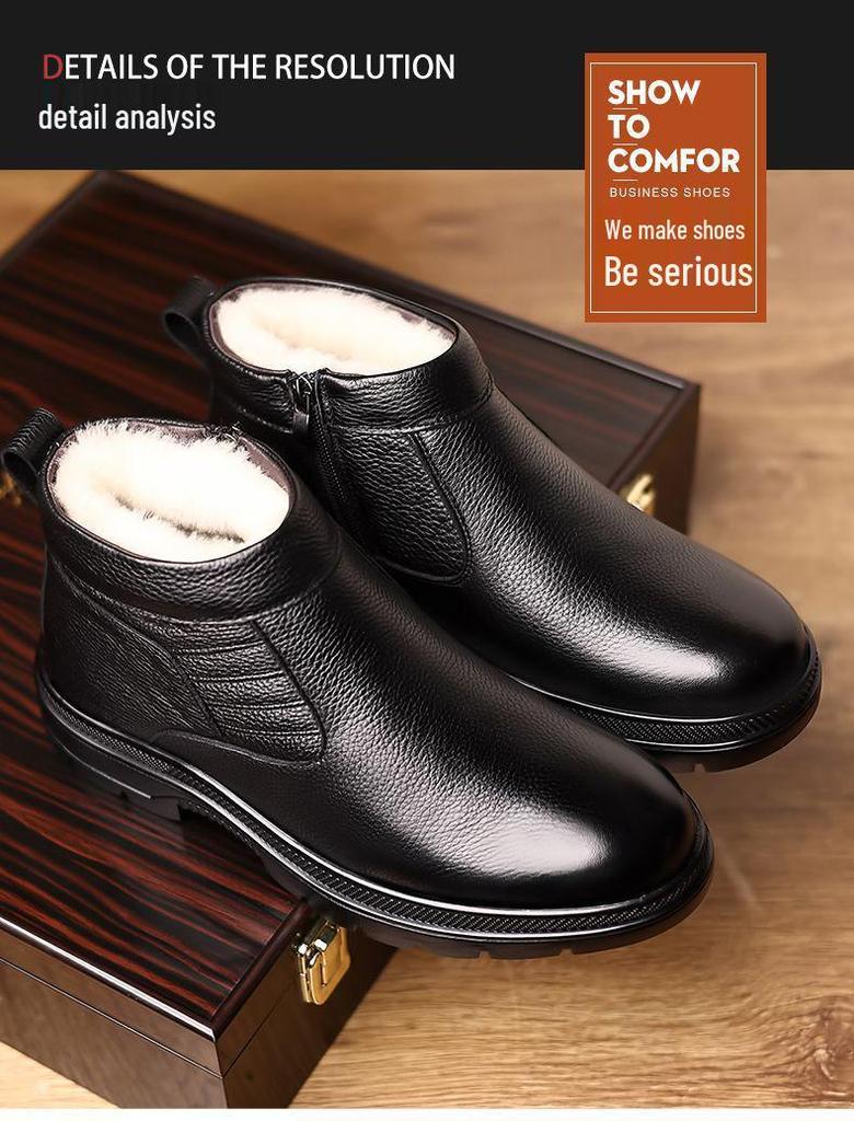 Men's High-Top Cowhide Winter Shoes with Genuine Leather and Wool, Non-Slip, Ideal for Middle-Aged and Elderly Dads.
