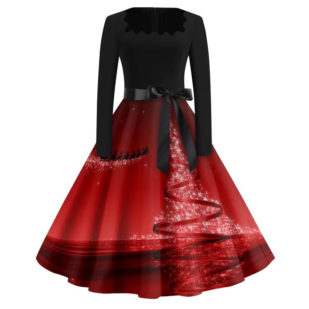 Women's Casual Christmas Print Square Neck Vintage Dress for Holiday Party