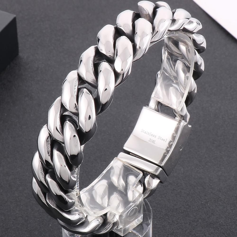 Vintage Schwarzes Cuban Link Kettenarmband für Herren 19 mm Breite Edelstahl Herrenarmband Modeschmuck-Accessoire für Männer