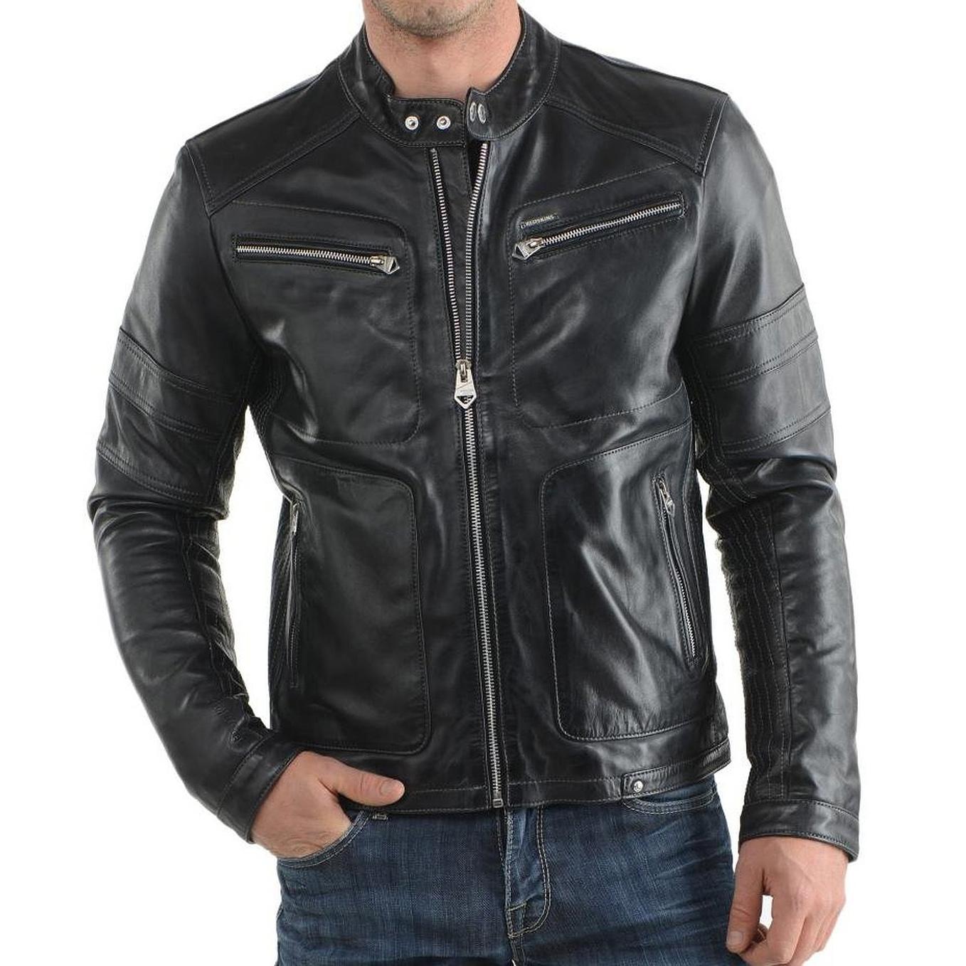 

SkinOutfit Men s Genuine Lambskin Black Leather Jacket Stylish Motorcycle Bomber Biker Outerwear MJ 193 XXXL чорний