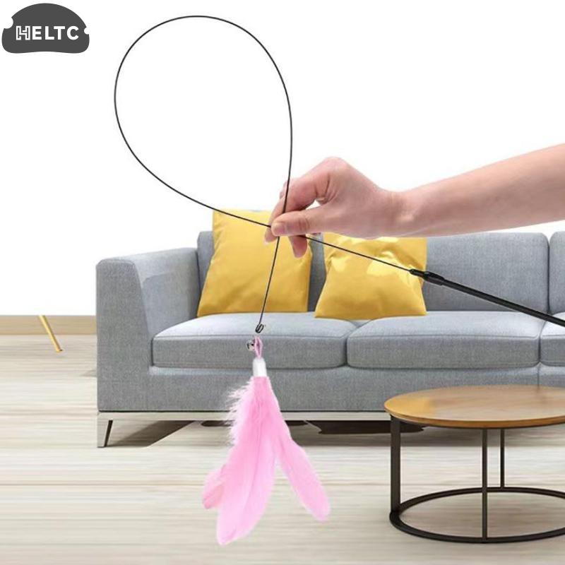 Spring Teasing Cat Stick Long Pole Cat Teaser Stick Toy Feather Funny Simulation Fishing Rod Bell Squeaky Cat Toy