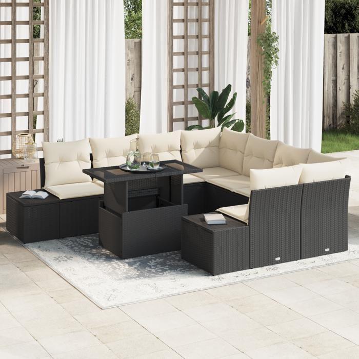 VidaXL Ensemble de canapé de jardin 9 pièces avec coussins en rotin poly noir 3349153