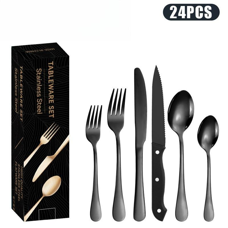 Stainless steel cutlery knife, fork and spoon set 24-piece Western Steak Hotel titanium plated black knife, fork and spoon