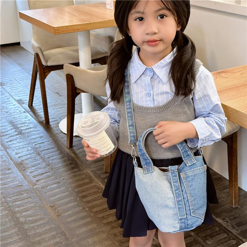 Borsa Secchiello in Denim Vintage per Bambini e Donne Borsa a Tracolla Casual di Design