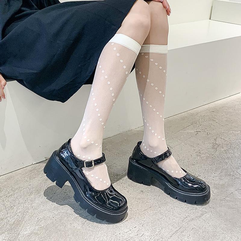 JK Sexy Calze Lunghe Nere a Pois Rete Ultra-sottile Rete Alta Ginocchio Donna Estate Sottili Trasparenti Calze Lolita