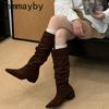 Design Pleated Woman Knee-High Boots Fashion Pointed Toe Long Booties Autumn Winter Square Heels Slim Shoes