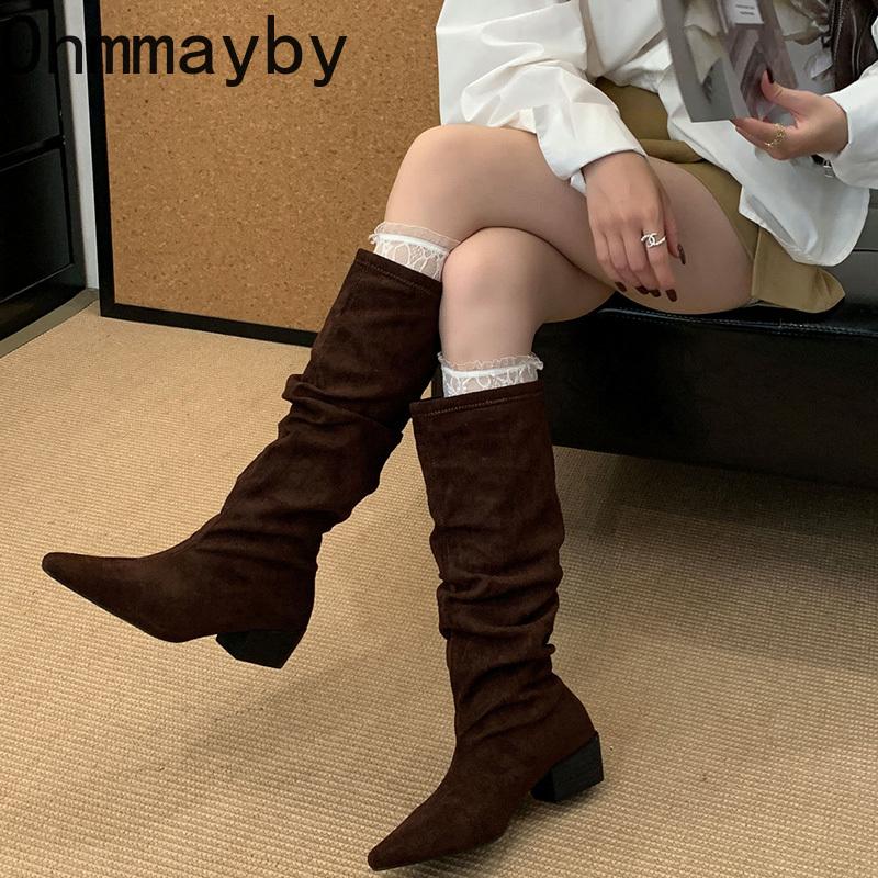 Design Pleated Woman Knee-High Boots Fashion Pointed Toe Long Booties Autumn Winter Square Heels Slim Shoes