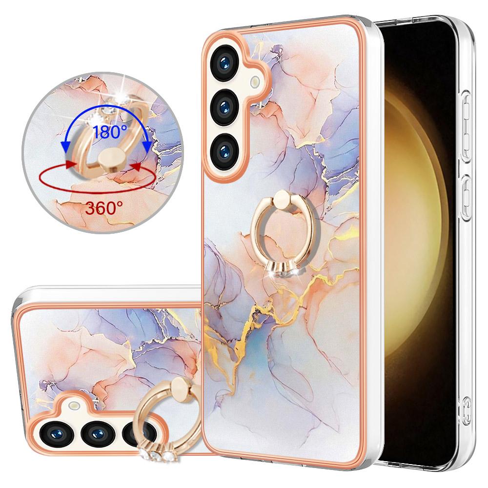 

For Samsung Galaxy S24 Case with Ring Kickstand IMD Marble Pattern TPU Back Cover Purple Flowers