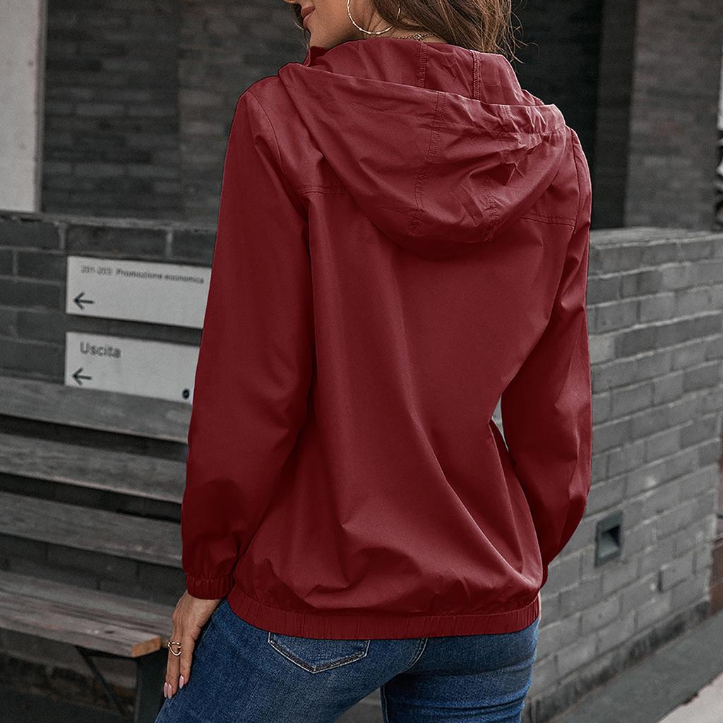 Women's Fashion-Simple Solid Color Outdoor Sports Single-breasted Pocket Windproof And Rainproof Hooded Windbreaker Pocket  Jacket