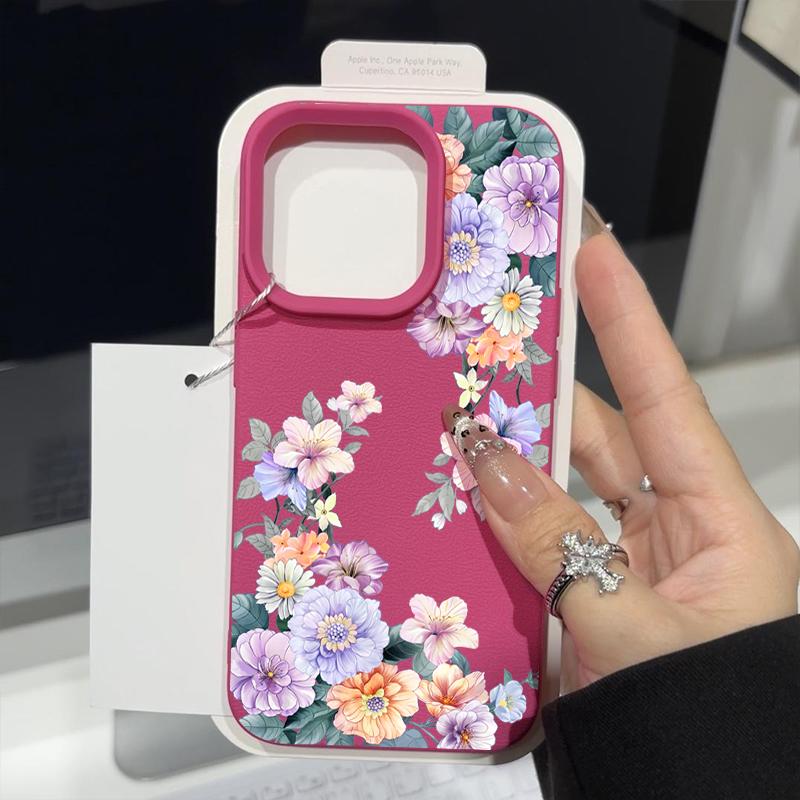 Fashion Floral Pattern TPU Soft Shockproof Case For iPhone 16 Pro Max 15 14 Pro 13 12 11 Leather Texture Matte Slim Phone Cover