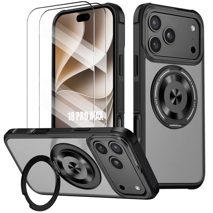 Coque + 2 Verres Trempés pour iPhone 18 Pro Max, Silicone et PC avec Support Rotatif - Noir