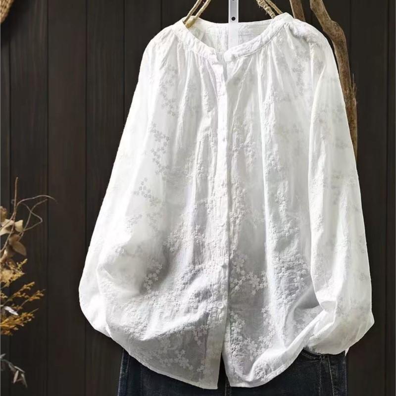 

Johnature Women Vintage Embroidery Floral Shirts O-Neck Long Sleeve Tops Autumn Button Loose Casual Shirts One Size белый