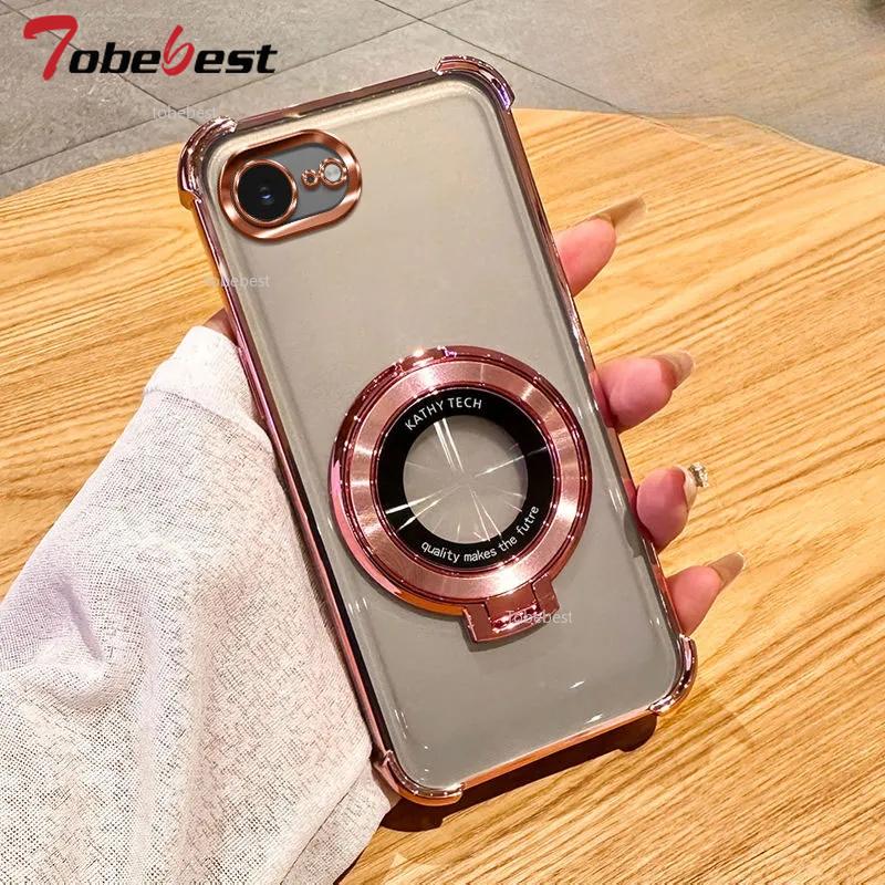 Clear Shockproof Plating Case For Iphone 16E 2025 16 15 14 13 12 11 Pro Max Fundas For Magsafe Magnetic Stand Holder Cover