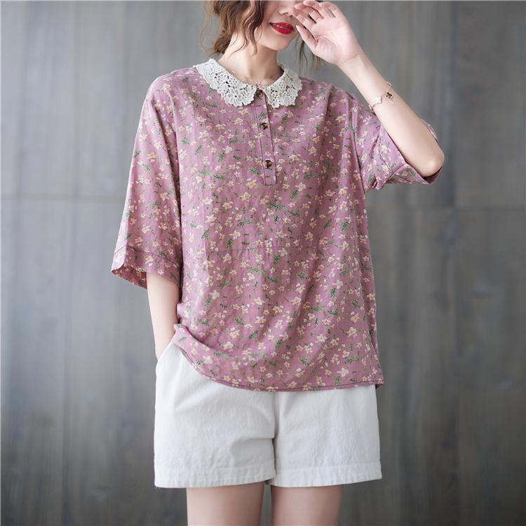 

MOJTA Летний хлопковый топ в стиле ретро с цветочным принтом, шелковая блузка, повседневная свободная футболка one size розовый