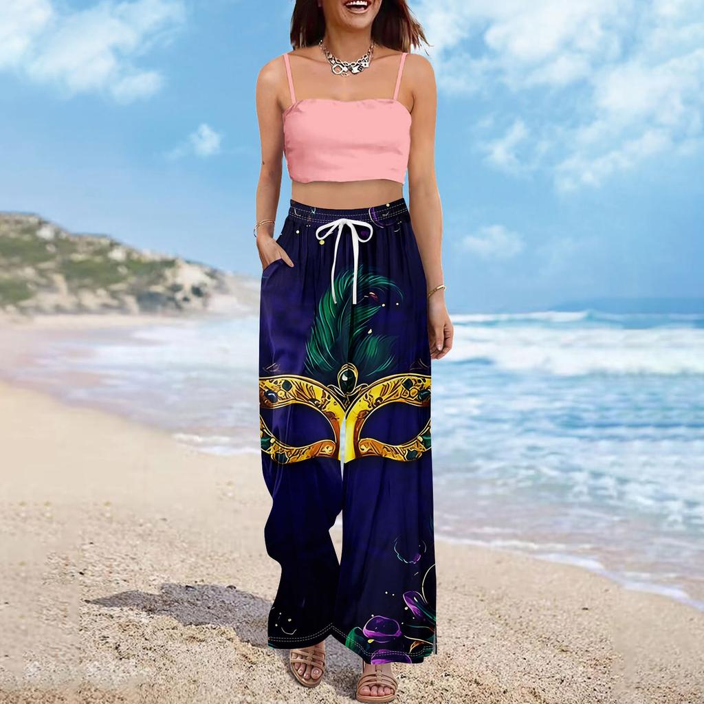 Women Summer Boho Palazzo Pants High Waist Wide Leg Printing Casual Trousers With Pockets
