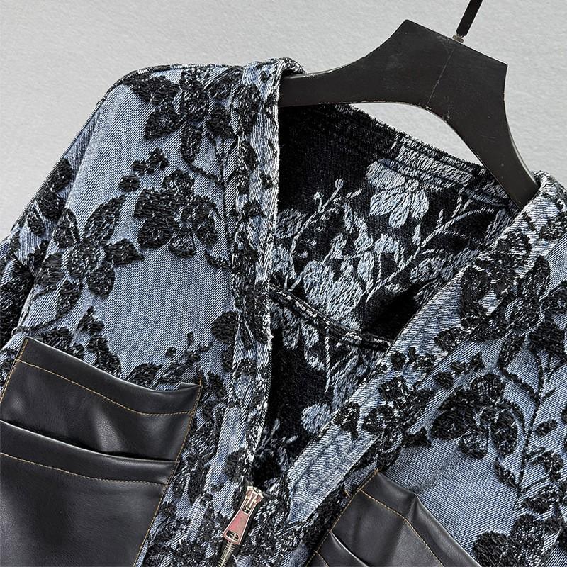 Womens Vintage Distressed Denim Jacket Loose Fit V-Neck Long Sleeve Floral Embroidered Streetwear Top 2026