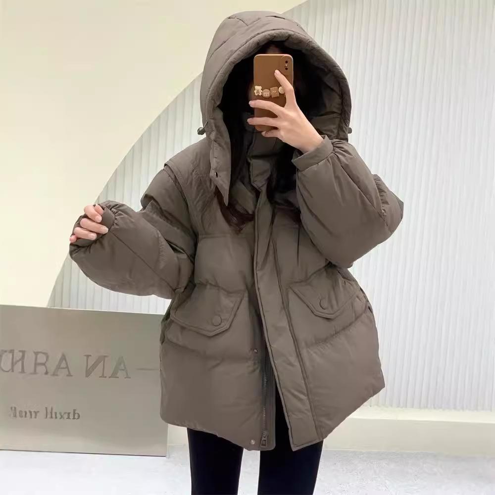 New counter high-end winter clothing hooded waist down jacket women's medium and long casual loose thickened white duck down