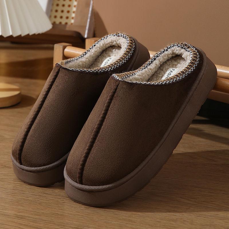2024 Solid Color Suede-Like Velvet Splicing Women's Non-Slip Lightweight Warm Home Slippers with Thick Bottom