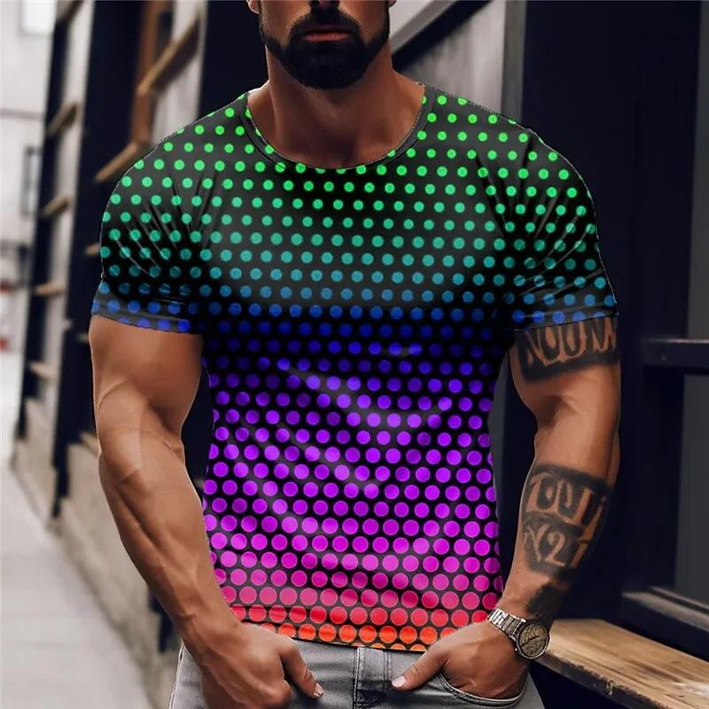 Summer Round Neck 3D Gradient Colorful Print Top Fashionable Casual Short Sleeved Men's T-shirts