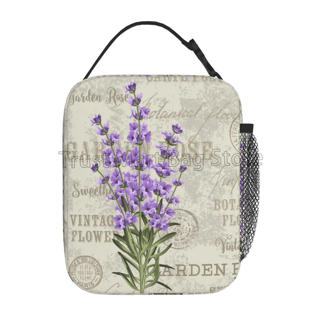 Vintage Lavender Flowers Insulated Lunch Box Reusable Portable Lunch Bag Durable Cooler Bento Tote for Women Work Travel Picnic