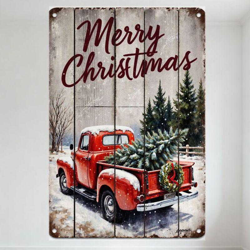 Rustic Wood Plank Background Merry Christmas Metal Tin Sign with Vintage Red Pickup Truck Snowy Winter Scene Decor for Home Bar