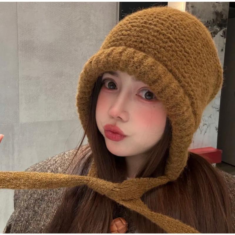 

Шапка женская зимняя большой окружности головы вязаная шапка универсальная для лица маленькая шапка-мешок на шнуровке с защитой для ушей головной убор осень-зима M（54-58cm）