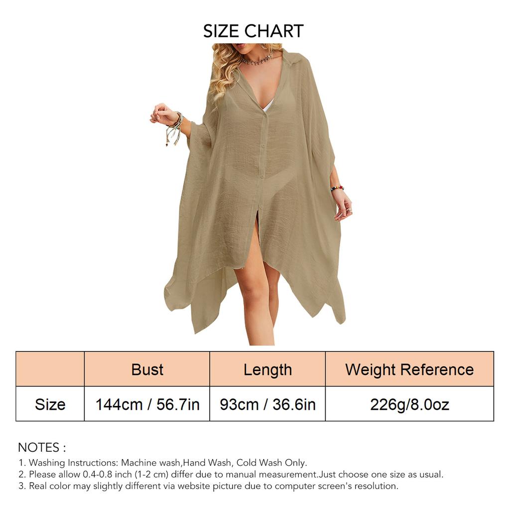 Women Beach Cover Up Loose Casual Breathable Pure Color Sun Protection Long Bikini Open Front Cover Up Khaki Free Size