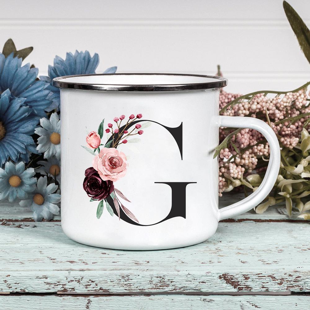 Alphabet Blumen A-Z Vintage Emaille Kaffee Tee Tassen Urlaub Camping Getränke Saft Bier Tassen Zuhause Büro Milch Tasse Geburtstagsgeschenke