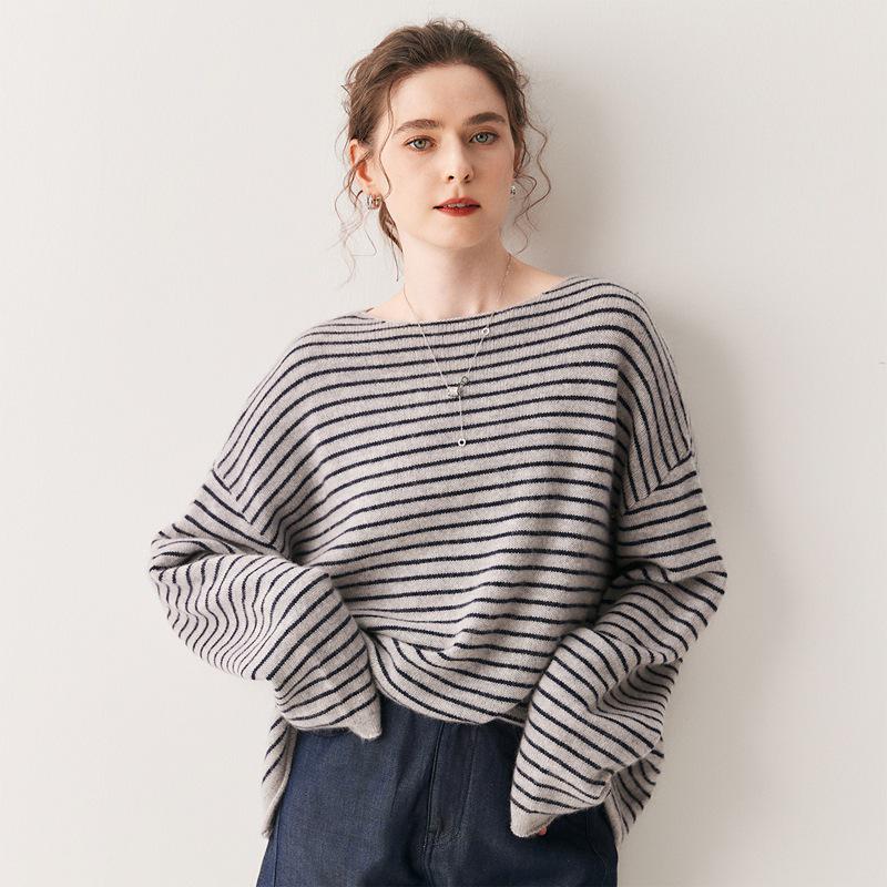 

2025 Women s Striped Off-Shoulder Cashmere Sweater: Sexy Crisscross Design, Long Sleeve Knit Top One Size светло-серый