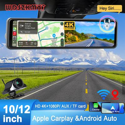 12Inch Rearview Mirror Wireless Carplay Android Auto 4K Video Recorder Wifi Rear View Camera Dash Cam for Car DVR GPS Navigation