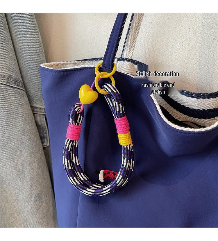 Women's Nylon Cartoon Puppy Embroidery Single Shoulder Tote Bag with Pendant, Striped Double-Sided Design