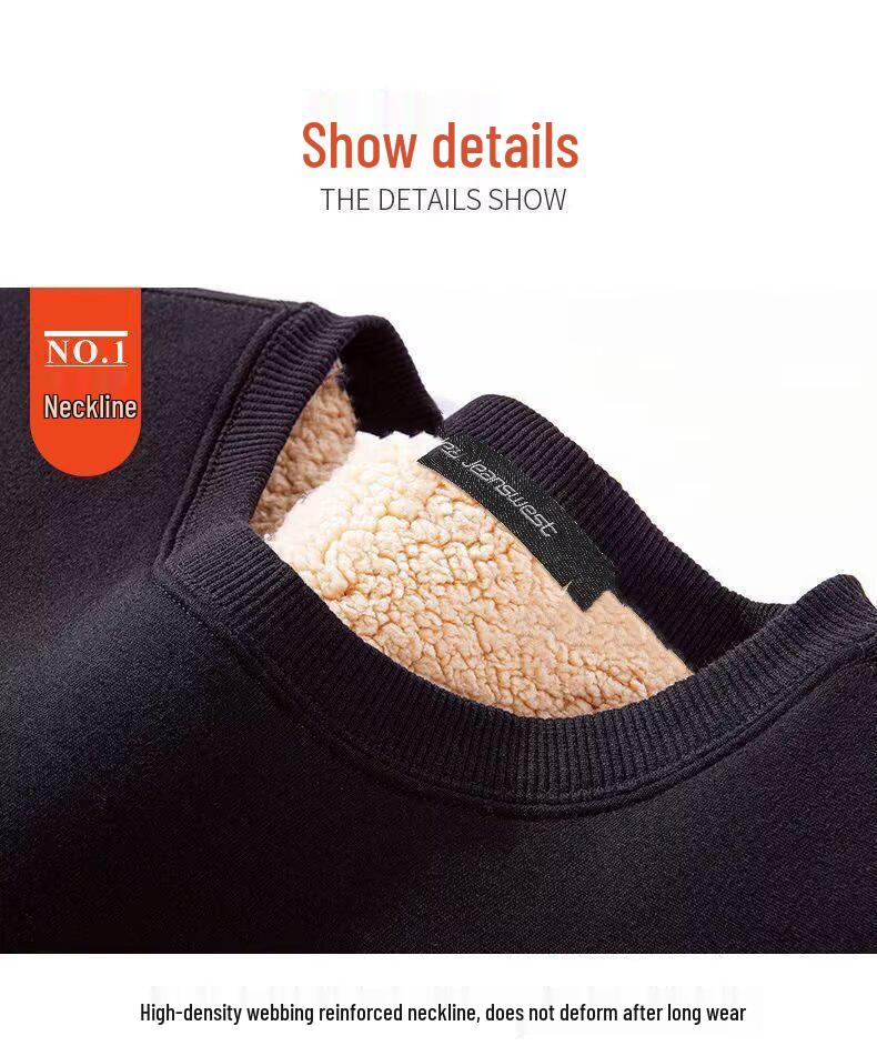 Men's Winter Lambswool Round Neck Hoodie, Thick Warm Solid Color Pullover with Plus Velvet Base Layer.