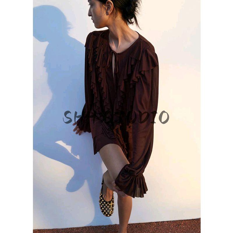 Spring New Women's Clothing Bows Lace-up Crew Neck Long Sleeves Laminated Decoration Short Dress 4813320
