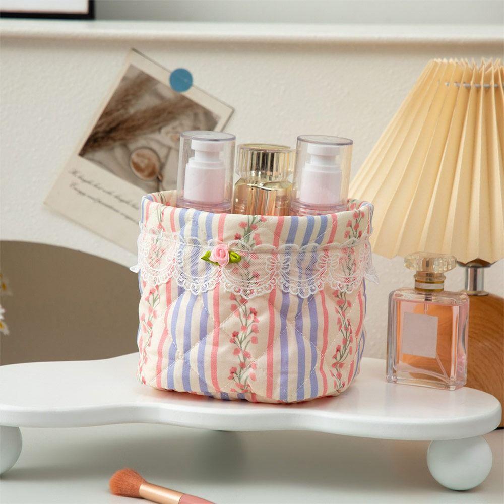 New Durable Quilting Cotton Desktop Storage Basket Lace Bowknot Decor Large-capacity Round Organizer Storage Container Home