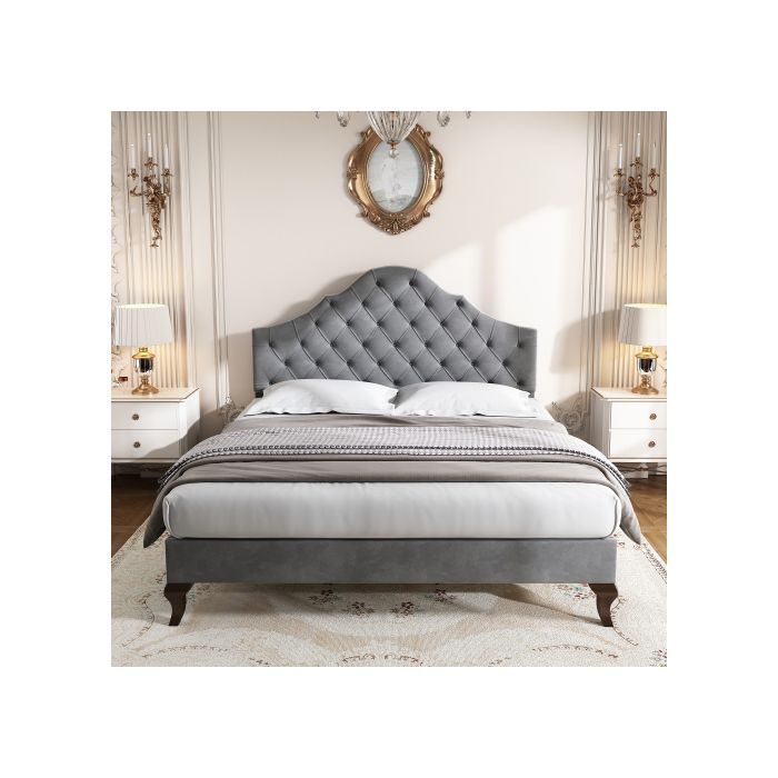 Lit rembourré - MUVOE - 140x200 cm - Tête de lit réglable - Velours gris - 2 places