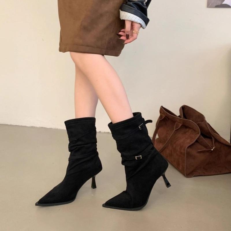 Autumn and winter new retro pointed thin heel short boots women's suede pleated piled boots high heel western boots