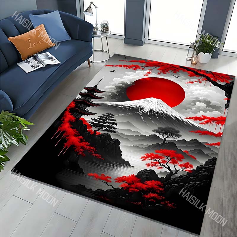 1PC Red Sun Mount Fuji Maples Pagoda Print Carpet for Living Room Bedroom Sofa Home Decor Rus Non-slip Floor Mat Luxury Gift