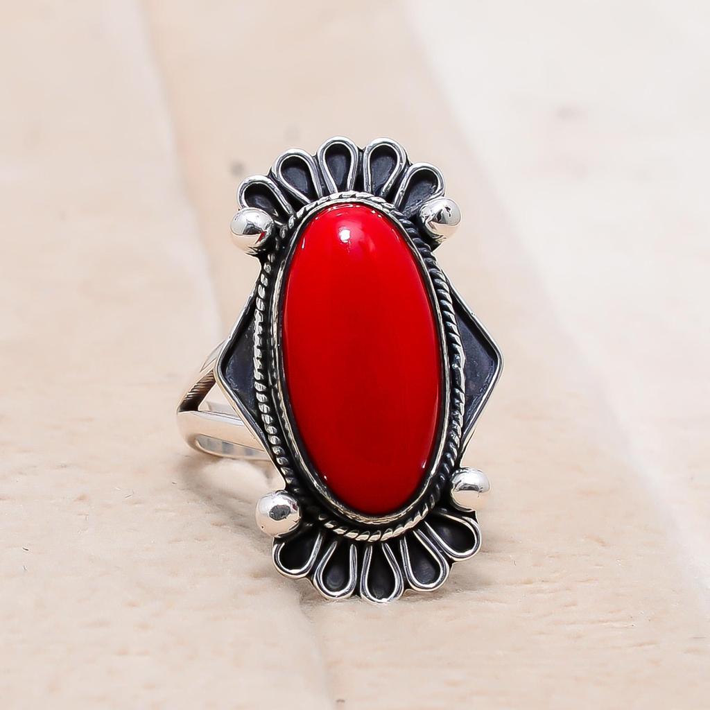 Japanese Coral Gemstone Ring: Oval Sterling Silver Boho Ring