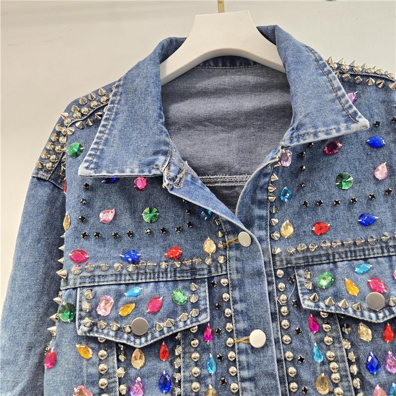 Europäische Station 2026 Frühling Nieten & Diamanten Ausgefranster Rand Damen Jeansjacke