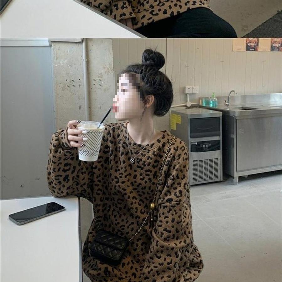 Leopardmönstrad Rundhalsad Fleecetröja för Kvinnor Vår/Höst 300lbs Design Mode Lös Vardaglig Långärmad Topp