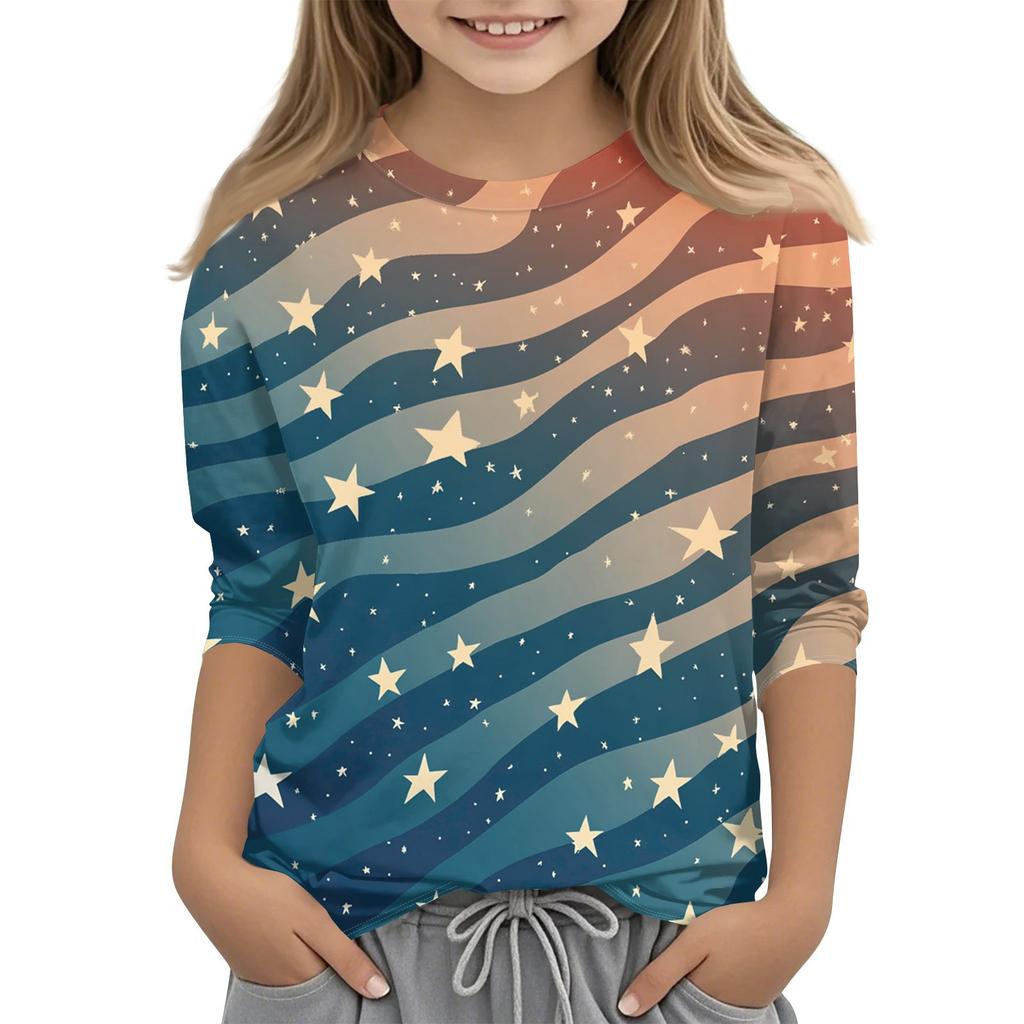 Barne 7/8-ermet trykket Independence Day crew-neck avslappet t-skjorte