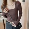 Women's Autumn and Winter Cotton Square Neck Positive Shoulder Bottom Long Sleeve Top