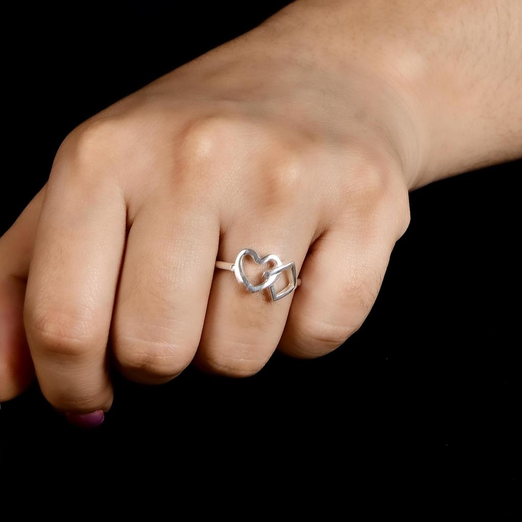 Heart and Square Silver Ring, Minimalist Geometric Ring, Dainty Heart Ring, Sterling Silver Open Shape Ring, Modern Gift for Her