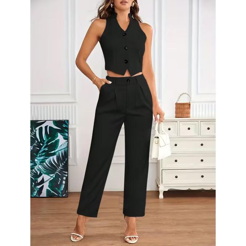 

Spring/Summer Sleeveless Top + High-Waisted Straight-Leg Pants Women s Two-Piece Set Small чорний