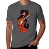 Vintage Halloween Black Cat Playing Electric Guitar Tshirt Casual Simple Design Short Sleeve Shirt