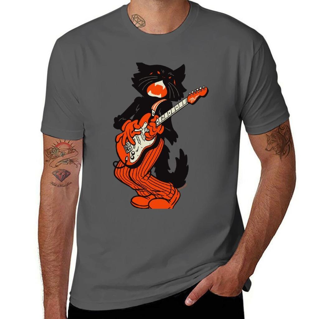 Vintage Halloween Black Cat Playing Electric Guitar Tshirt Casual Simple Design Short Sleeve Shirt