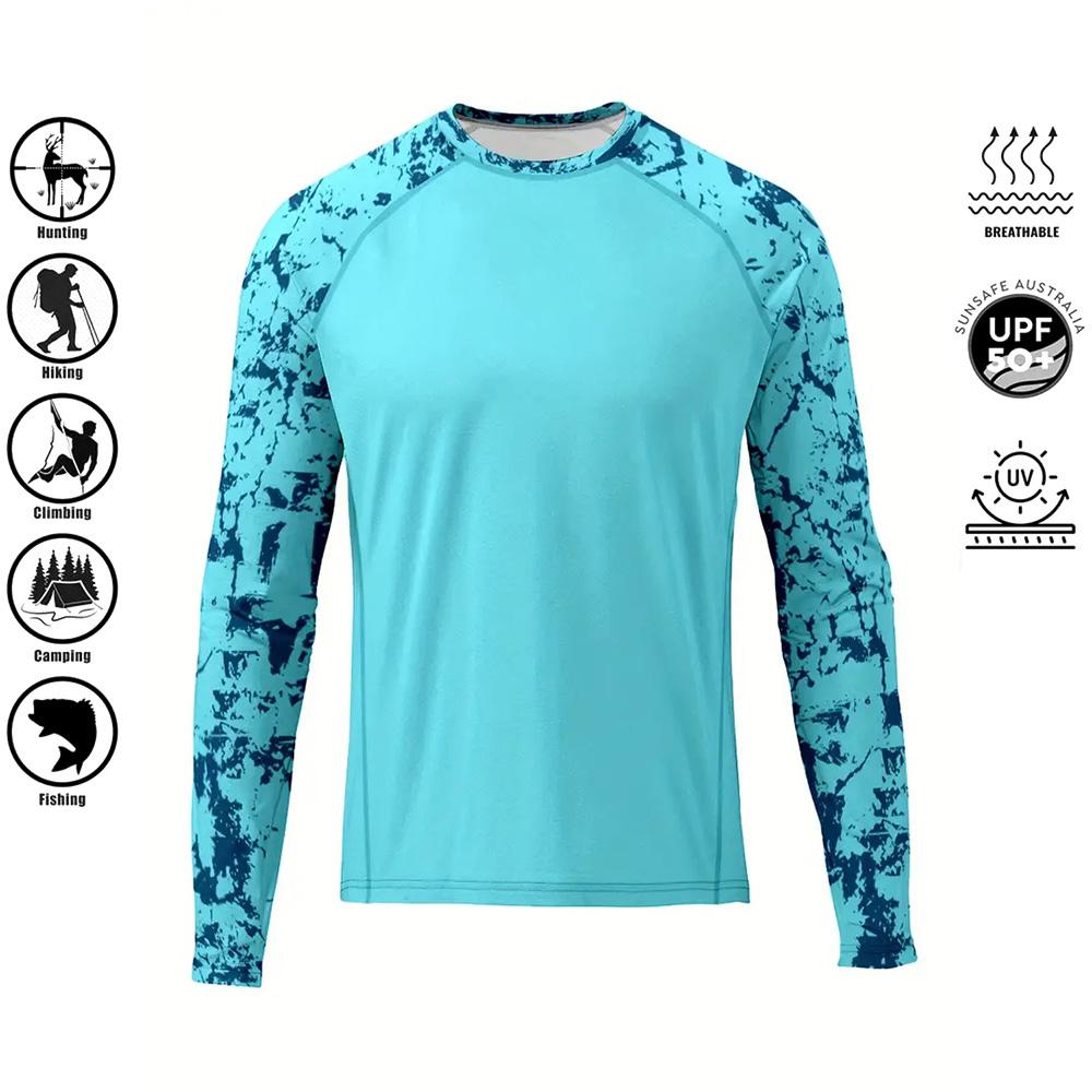 Herren Sommer Langarm Anglerhemd Schnelltrocknend Performance UPF 50+ UV-Schutz Blau Camouflage Oberteil