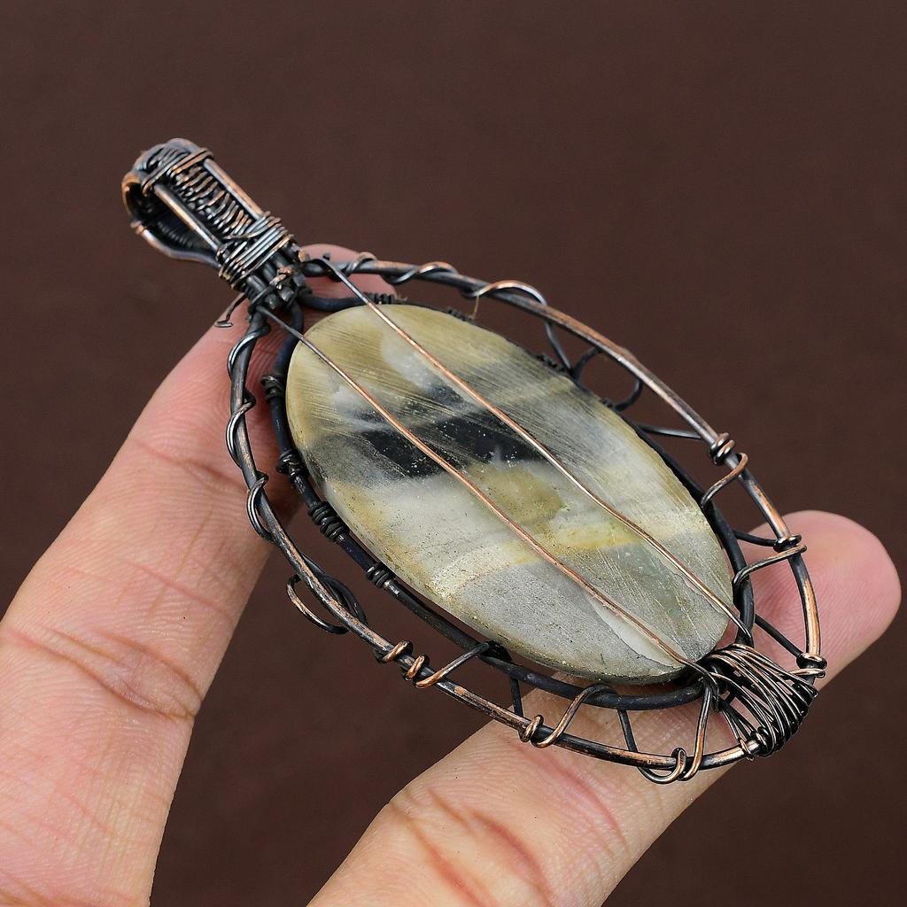 Fume Agate Gemstone Copper Wire Wrap Tree Of Life Pendant 3.54"