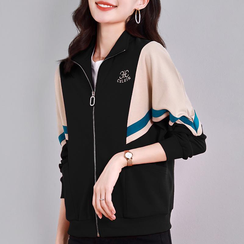 Women's Autumn and Winter Patchwork Standing Collar Sweatshirt Zip Top