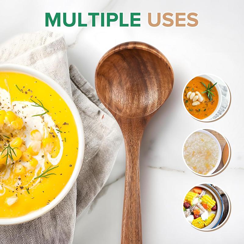 Wooden Soup Spoon 10Inch Teak Soup Ladle Natural Wood Serving Spoon Long Handle Deep Scooper Cooking Soup Spoon Kitchen Supplies